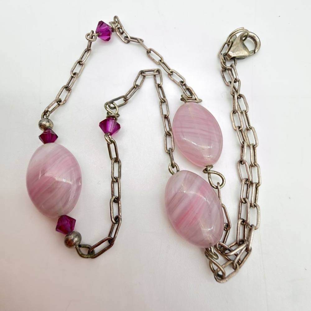 Vintage 925 Sterling Silver Pink Stone Necklace Romantic Dainty Pretty